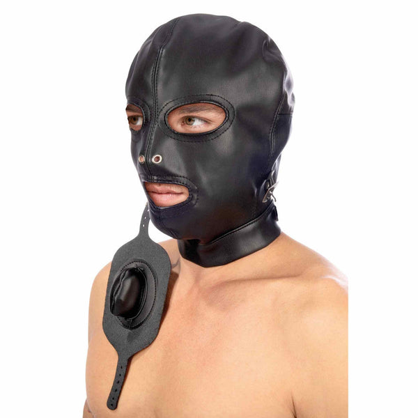 Cappuccio nero BDSM con pannello boccale staccato appeso al collo