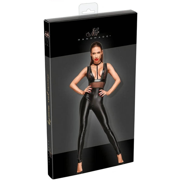 Catsuit Sexy Nero Wetlook con Profonda Scollatura e Inserti in Rete