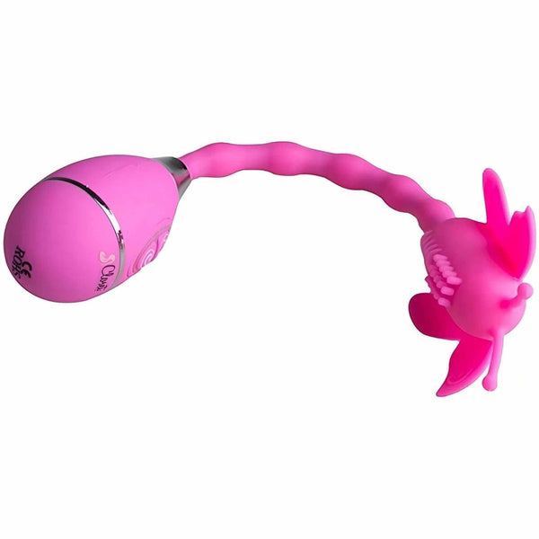 Vibratore clitorideo rosa flessibile ripiegato a forma curva su sfondo bianco