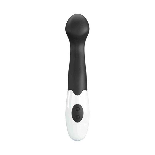 Vibratore nero verticale base bianca lucida con simboli pulsanti incisi