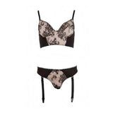 Vista frontale completo intimo nero pizzo floreale slip thong e reggicalze