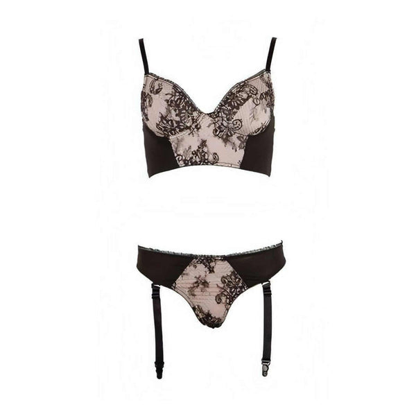 Vista frontale completo intimo nero pizzo floreale slip thong e reggicalze