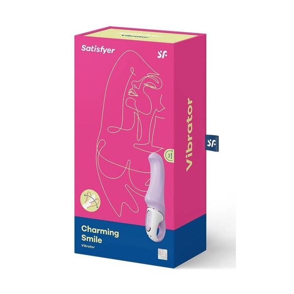 Scatola vibratore Satisfyer Charming Smile lilla con adesivo look inside