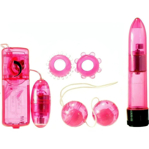 Kit stimolatori sessuali coppia Kinx 6 pezzi con telecomando, anelli e sfere in ABS trasparente rosa
