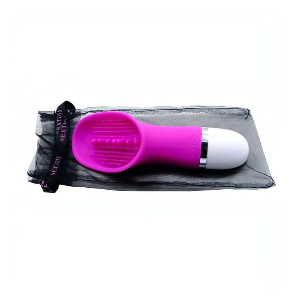 Vibratore vaginale rosa con testa a forma di lingua e protuberanze, impugnatura bianca su sacchetto nero