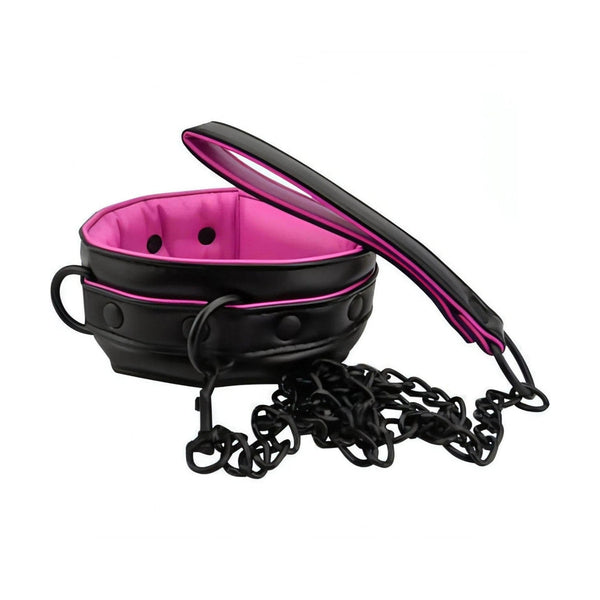 Collare in pelle imbottito nero e fucsia con guinzaglio coordinato per BDSM