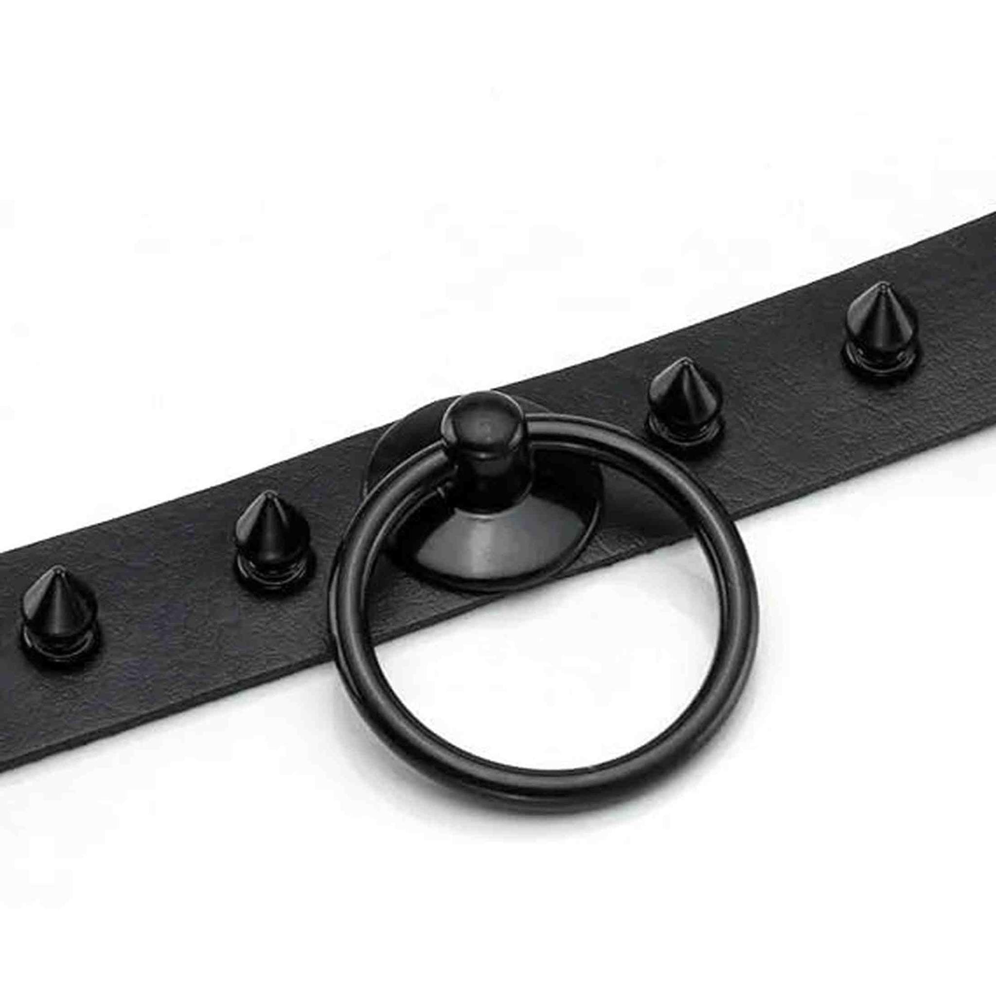 Collare nero con borchie nere, anello per guinzaglio e cinghie regolabili