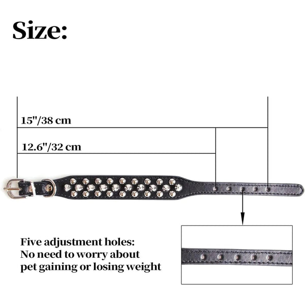 Collare nero in ecopelle con borchie argentate, cinghie regolabili – 38 cm