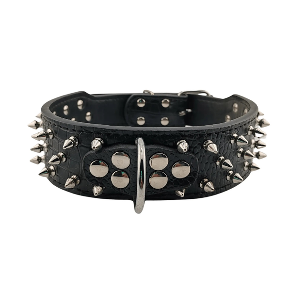 Collare nero ecopelle texture coccodrillo borchie argento punta e piastra centrale
