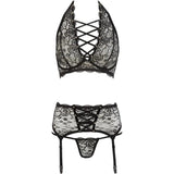 Set lingerie nera pizzo con top scollo V incrociato e cintura reggicalze