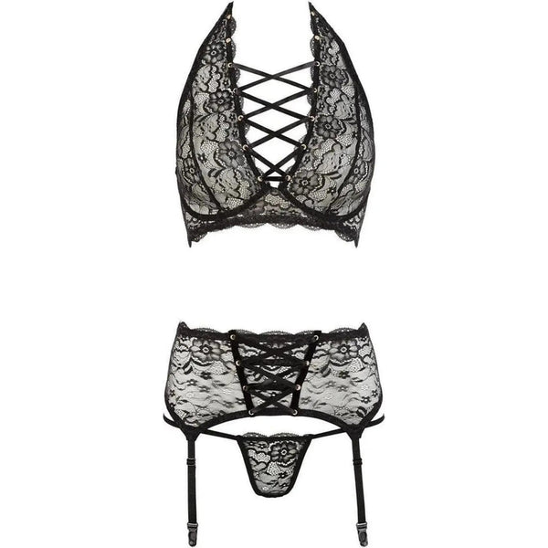 Set lingerie nera pizzo con top scollo V incrociato e cintura reggicalze