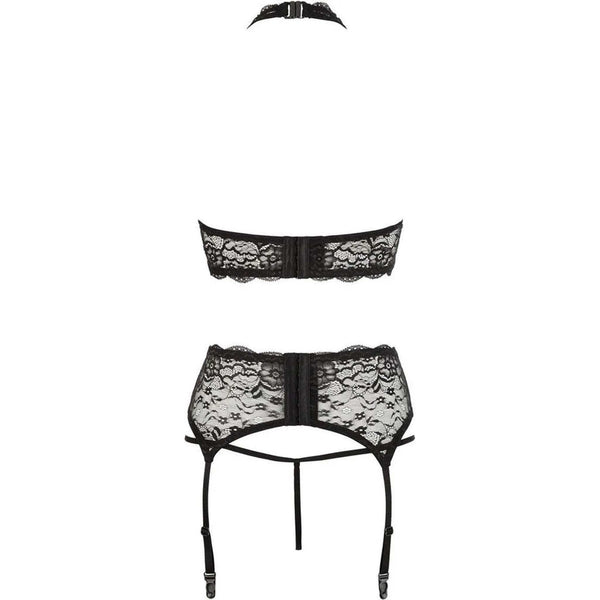 Dettaglio retro completino intimo nero pizzo senza spalline e chiusura centrale