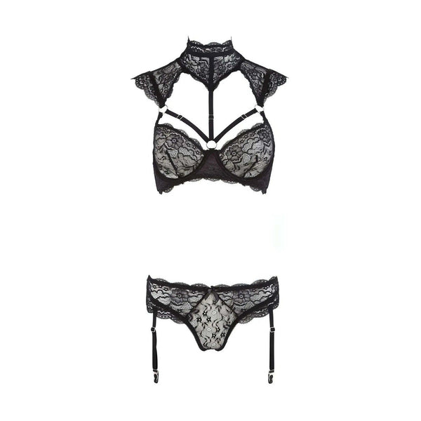Reggiseno balconcino e mutandine pizzo nero floreale vista frontale