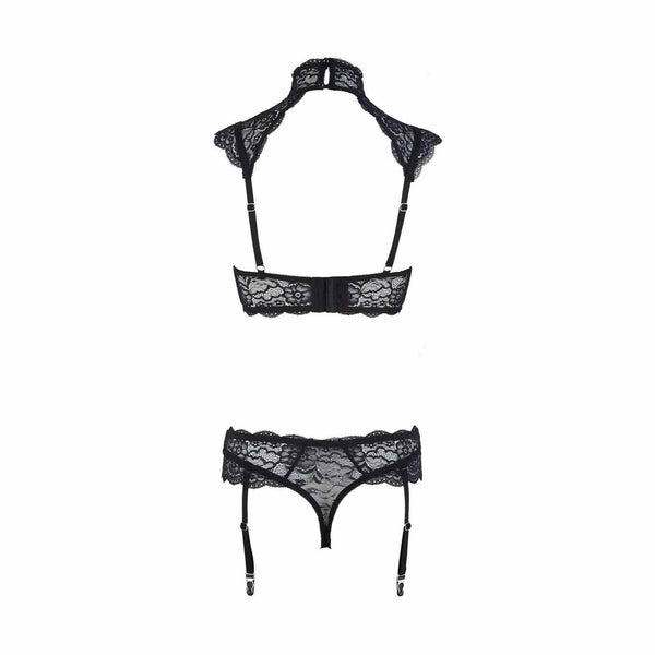 Retro reggiseno cerniera e mutandine taglio T pizzo nero floreale