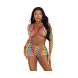 Reggiseno triangolo e top maniche lunghe in rete elastica multicolore per party