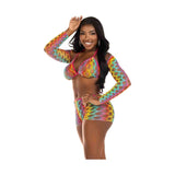 Lingerie a rete multicolore 3 pezzi con motivo geometrico a rombi e bordi rosa
