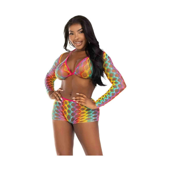 Vestibilità aderente completo sexy rete multicolore con top e pantaloncini corti