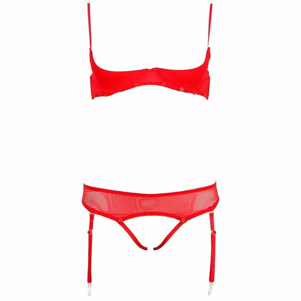 Completo intimo rosso vista dall'alto con reggiseno bottoni dorati e cintura gancio