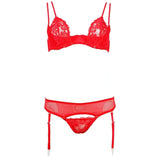 Set lingerie rosso balconcino pizzo con mutandina apertura centrale e calze a rete