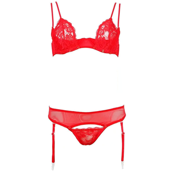 Set lingerie rosso balconcino pizzo con mutandina apertura centrale e calze a rete