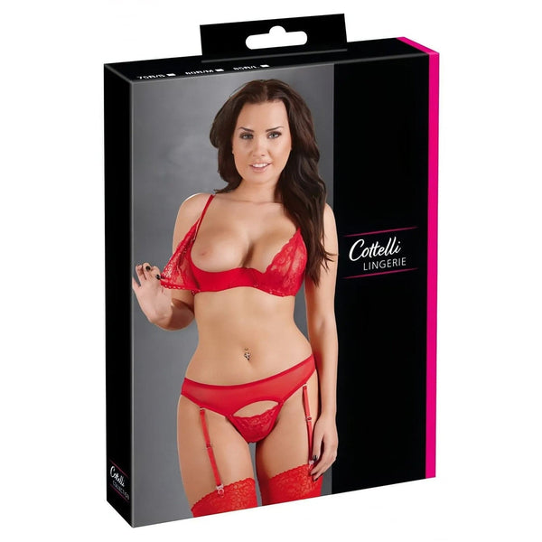 Confezione Cottelli Lingerie completo intimo rosso con reggiseno sganciabile e calze a rete