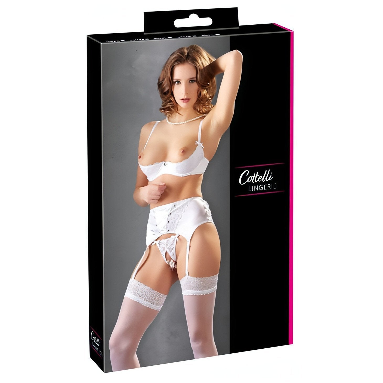 Completino Sexy Bianco 3 pezzi: Reggiseno A Balconcino, Reggicalze con Lacci Centrali/Laterali e Perizoma Con Apertura Inguinale