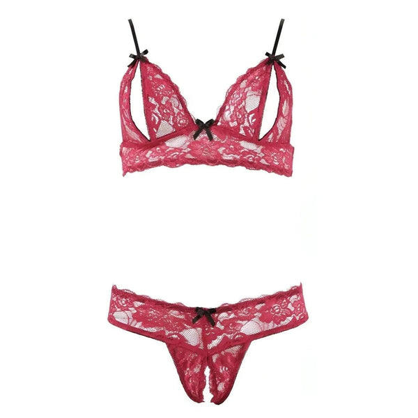 Reggiseno e perizoma pizzo rosso vinaccia motivo floreale dettaglio nero