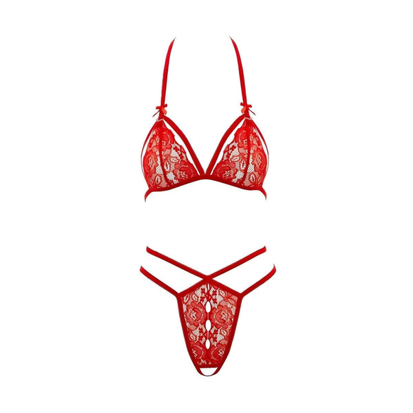 Completo intimo rosso in pizzo floreale con reggiseno balconcino e tanga a fasce incrociate