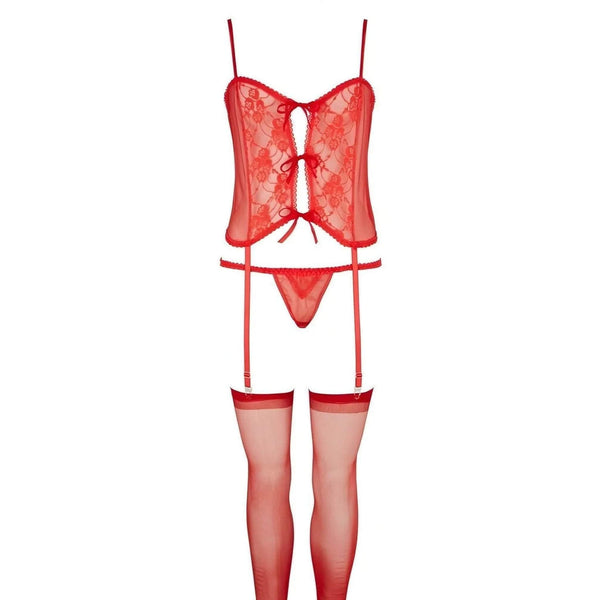 Set lingerie rossa 4 pezzi corpo pizzo fiocco centrale con slip reggicalze e calze opache