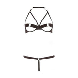 Completino intimo nero donna vista piatta balconcino con anelli metallici e thong
