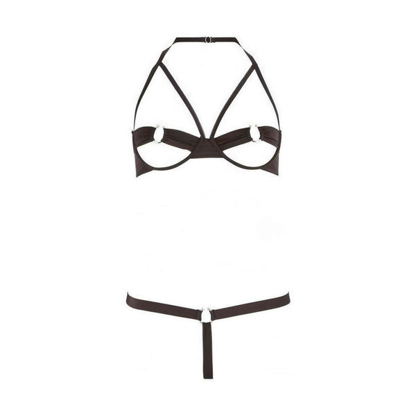 Completino intimo nero donna vista piatta balconcino con anelli metallici e thong