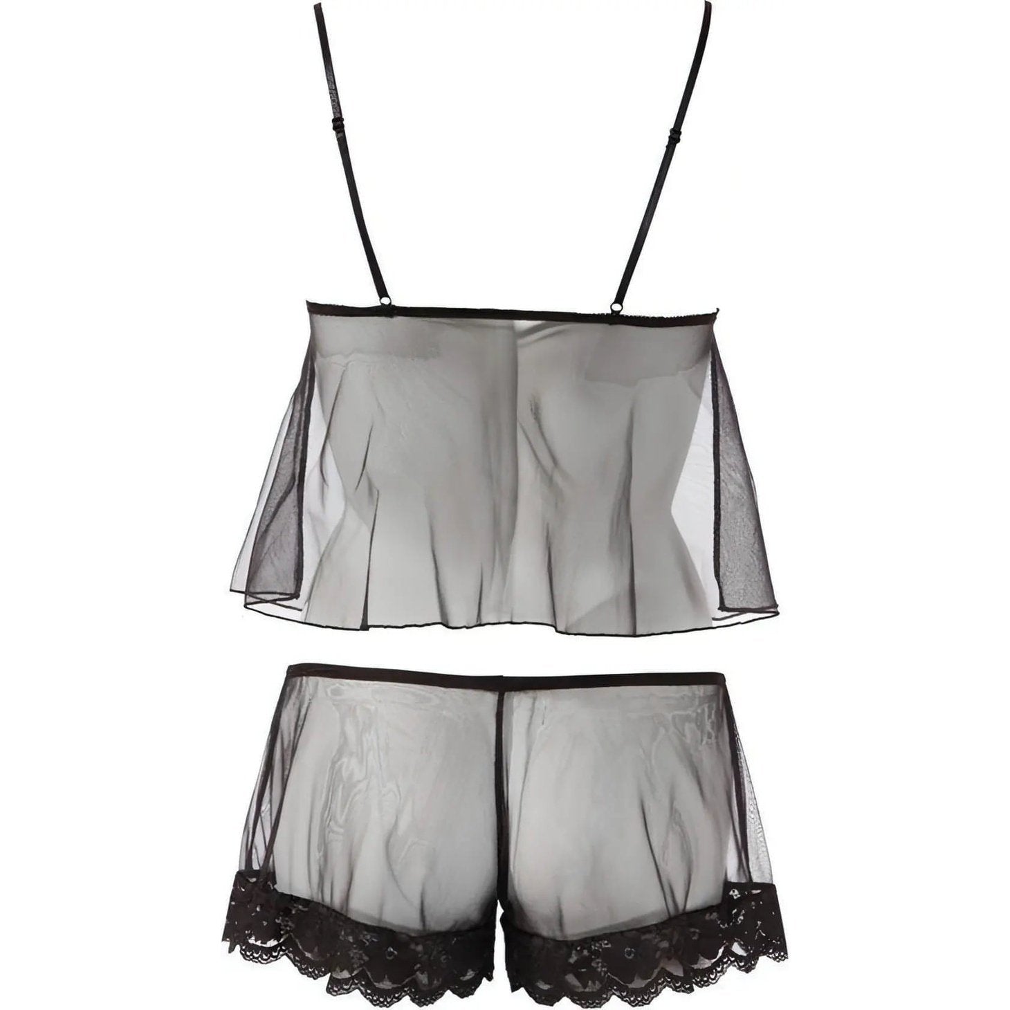 Transparent top and shorts set with black lace trim - S