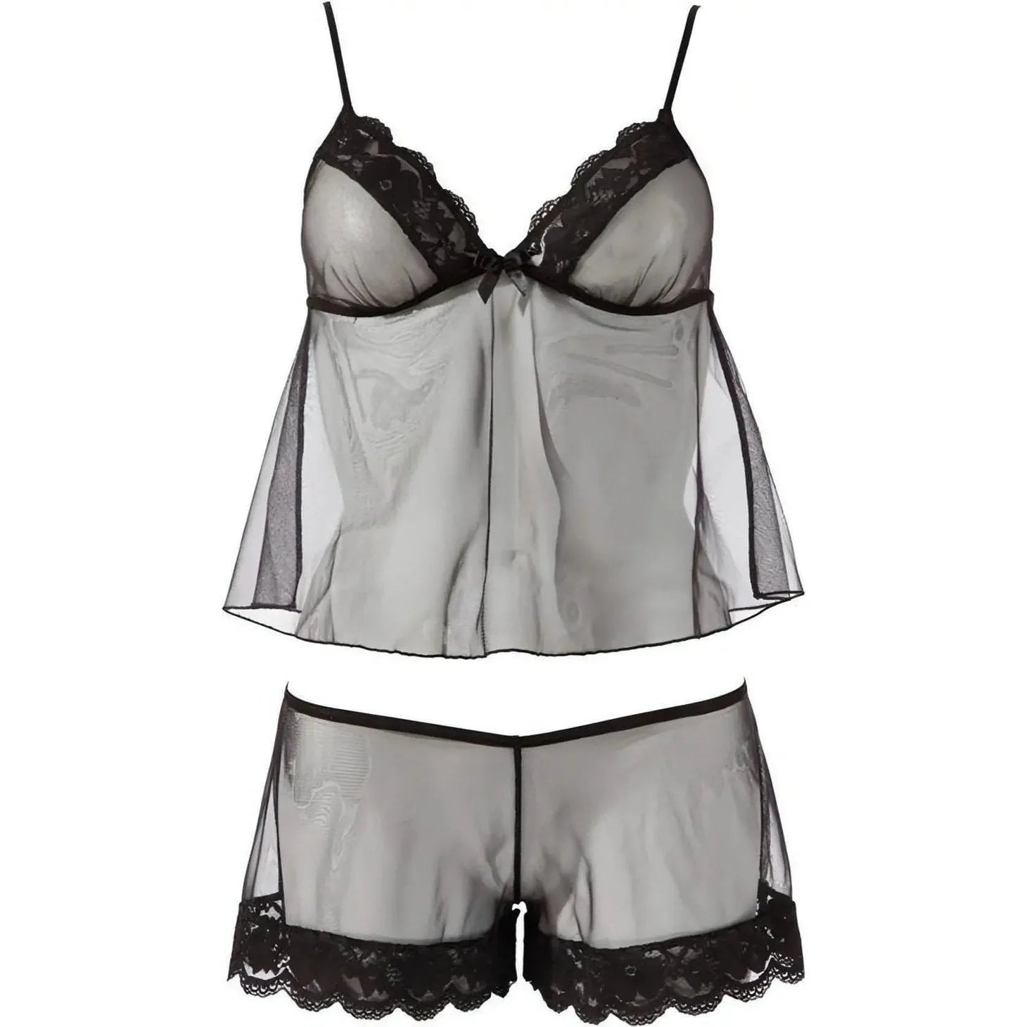 Transparent top and shorts set with black lace trim - S