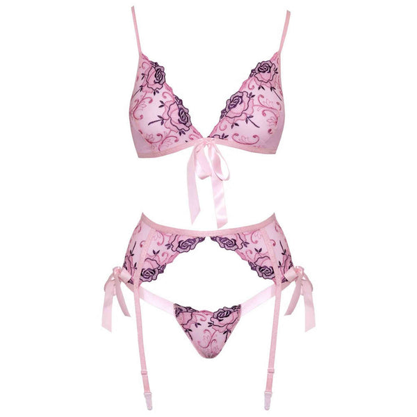 Completo Sexy Rosa con Fiocchi e Ricami a Fiori