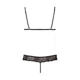 Vista posteriore reggiseno pizzo nero chiusura gancio e mutandina cinghietta lunga