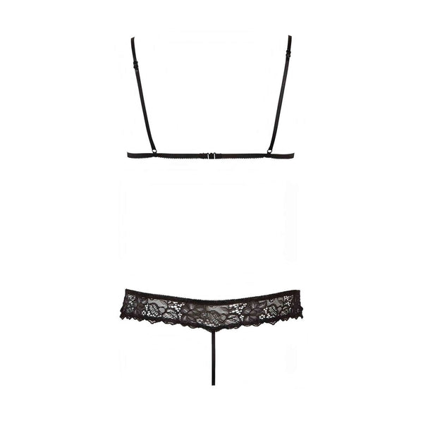 Vista posteriore reggiseno pizzo nero chiusura gancio e mutandina cinghietta lunga