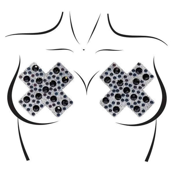 Copricapezzoli adesivi a forma di X con base glitterata argento e strass neri