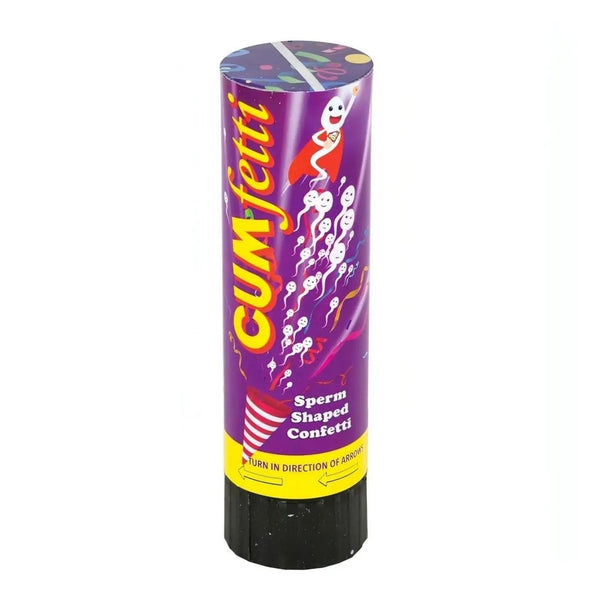 Tubo confetti viola Spermatozooi Coriandoli con spermatozoi bianchi sorridenti