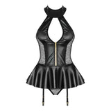 Corsetto nero lingerie scollo halter con zip dorata centrale e colletto alto