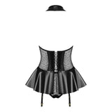 Corsetto nero lingerie con gonna a campana, pizzo rete e lacci incrociati retro