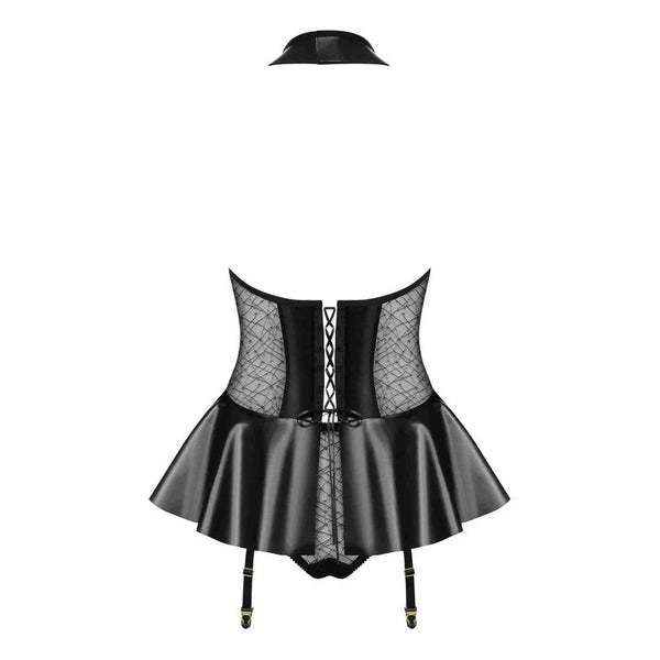 Corsetto nero lingerie con gonna a campana, pizzo rete e lacci incrociati retro