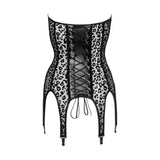 Corsetto nero strapless Noir su sfondo bianco con lacci, inserti lucidi e stampa leopardata