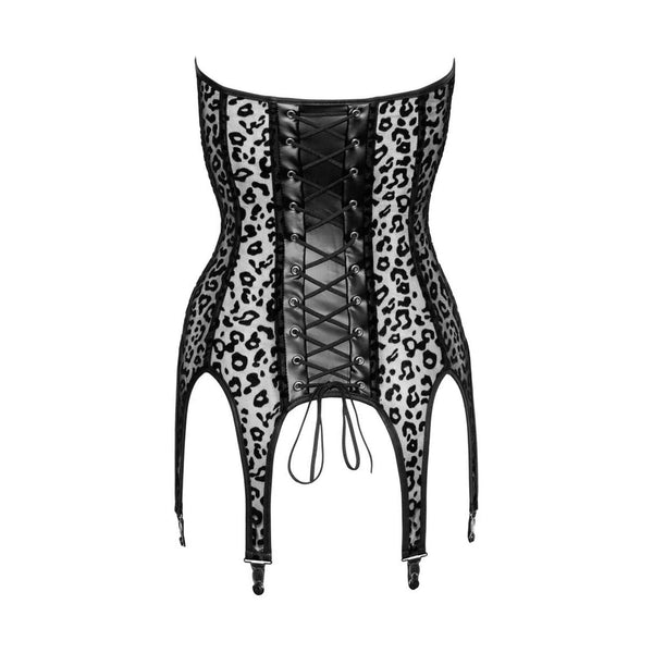 Corsetto nero strapless Noir su sfondo bianco con lacci, inserti lucidi e stampa leopardata