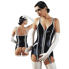 Corsetto a bretelle in latex nero e bianco con reggicalze in metallo