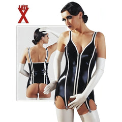 Corsetto a bretelle in latex nero e bianco con reggicalze in metallo