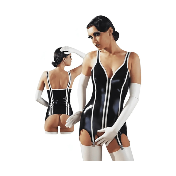 Vista posteriore corsetto latex nero e bianco con bretelle sottili e dettagli bianchi