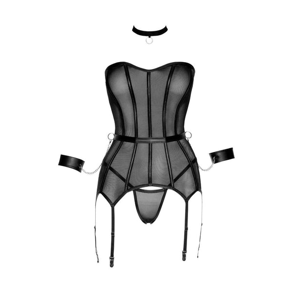 Corsetto bondage nero trasparente donna con apertura a V, collare e bracciali accessori inclusi