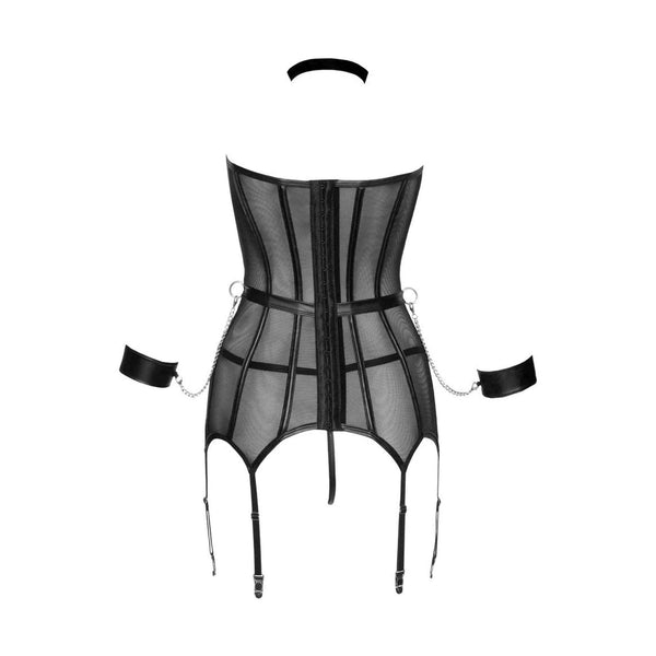 Corsetto fetish nero trasparente donna vista frontale con cintura anelli metallici e catene