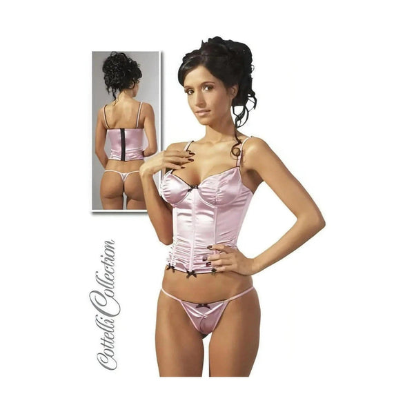 Corsetto e perizoma in raso glicine Cottelli Collection con scollo a cuore e dettagli neri