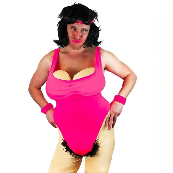 Costume travestimento donna prosperosa rosa con bodysuit scollo profondo e dettagli pizzo nero